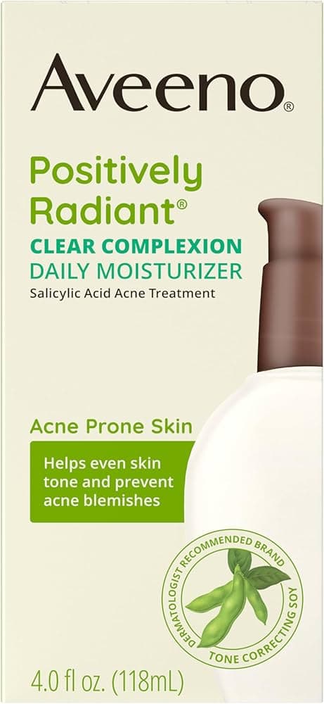 Aveeno Aveeno Positively Radiant Clear Complexion Face Moisturizer, Acne Facial Moisturizer with Soy and Salicylic Acid for Oily Skin, Hypoallergenic Formula, Paraben-Free, Non-Comedogenic, Pump, 4 FL OZ