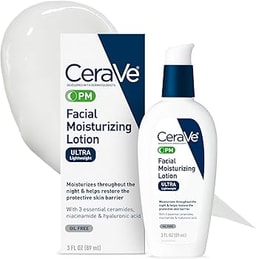 CeraVe PM Facial Moisturizing Lotion, Night Cream with Hyaluronic Acid and Niacinamide, Ultra-Lightweight, Oil-Free Moisturizer for Face, 3 Ounce