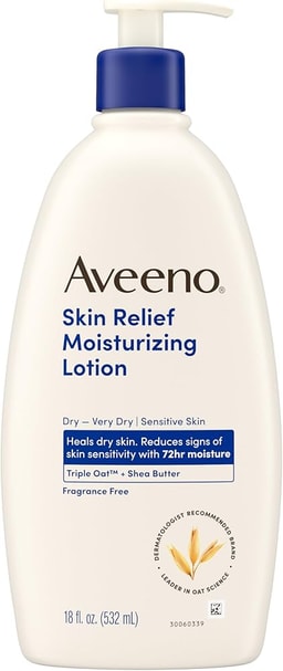 Aveeno Skin Relief Moisturizing Lotion Heals Very Dry, Sensitive Skin, Fast-Absorbing Body Lotion with Soothing Triple Oat & Shea Butter Formula, Fragrance Free, Non-Comedogenic, 18 fl. oz