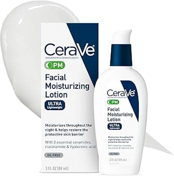 CeraVe CeraVe PM Facial Moisturizing Lotion, Night Cream with Hyaluronic Acid and Niacinamide, Ultra-Lightweight, Oil-Free Moisturizer for Face, 3 Ounce